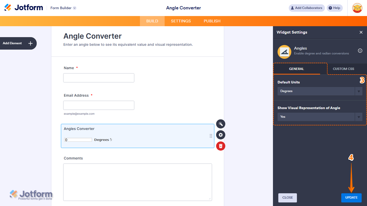 Widget Settings General tab showing Default Units and angle visualization options in Jotform