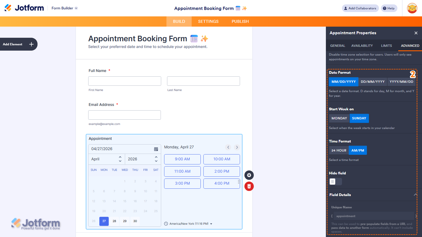 Appointment field Properties panel Advanced tab showing date format time format and field details in Jotform