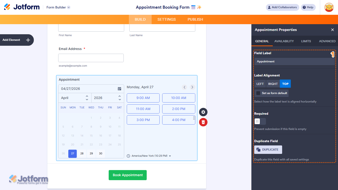 Appointment field Properties panel General tab showing label alignment required and duplicate options in Jotform