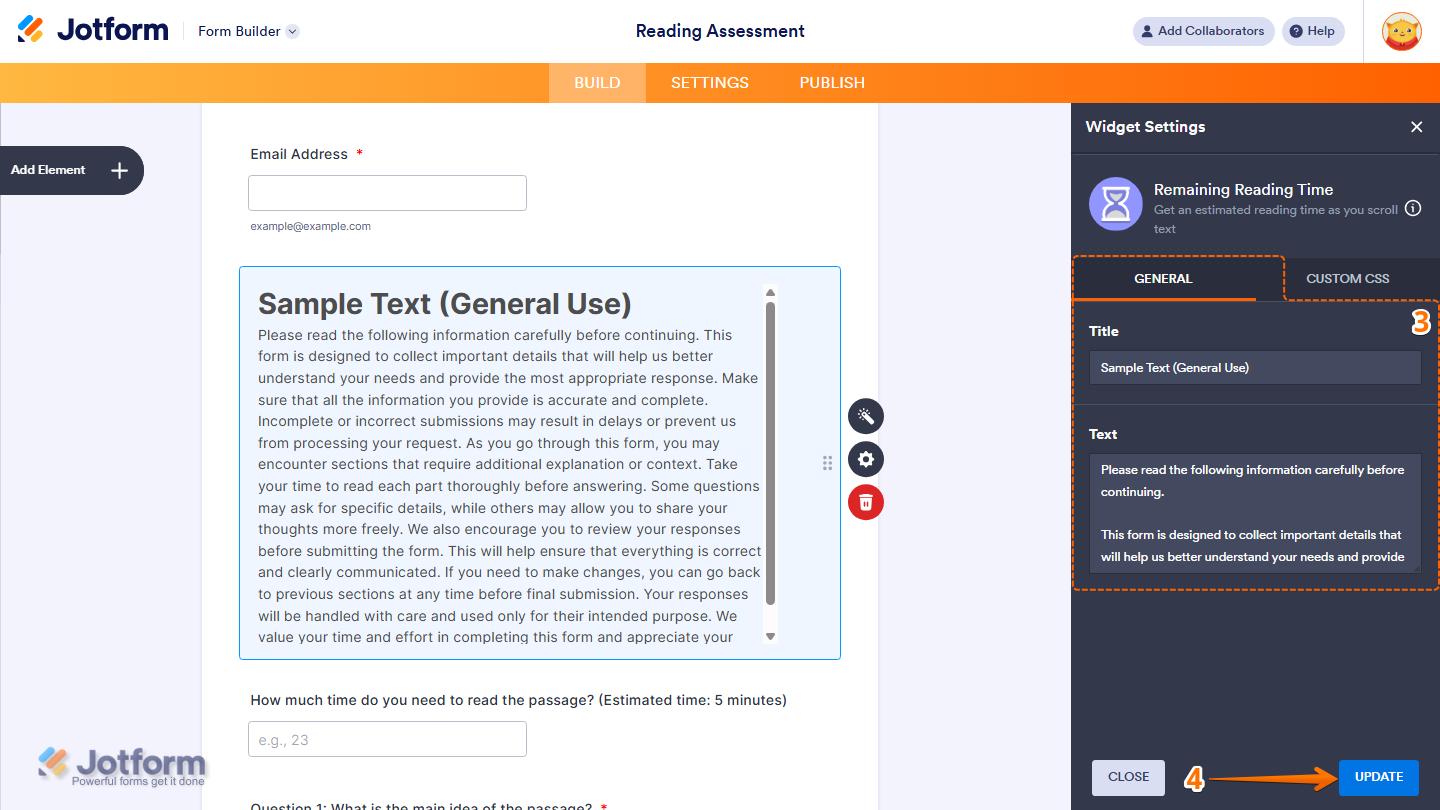 Widget Settings General tab showing Title and Text fields with Update button in Jotform