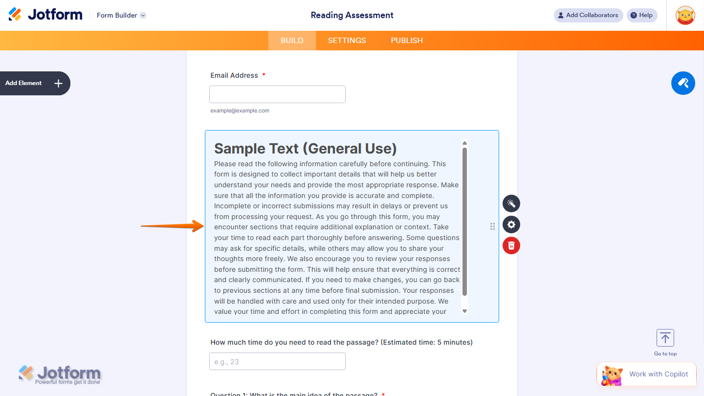 Form Builder showing Remaining Reading Time widget added to the form in Jotform