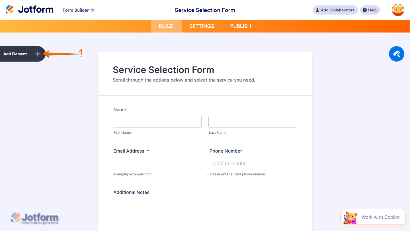 Form Builder showing Add Element button on the left side in Jotform