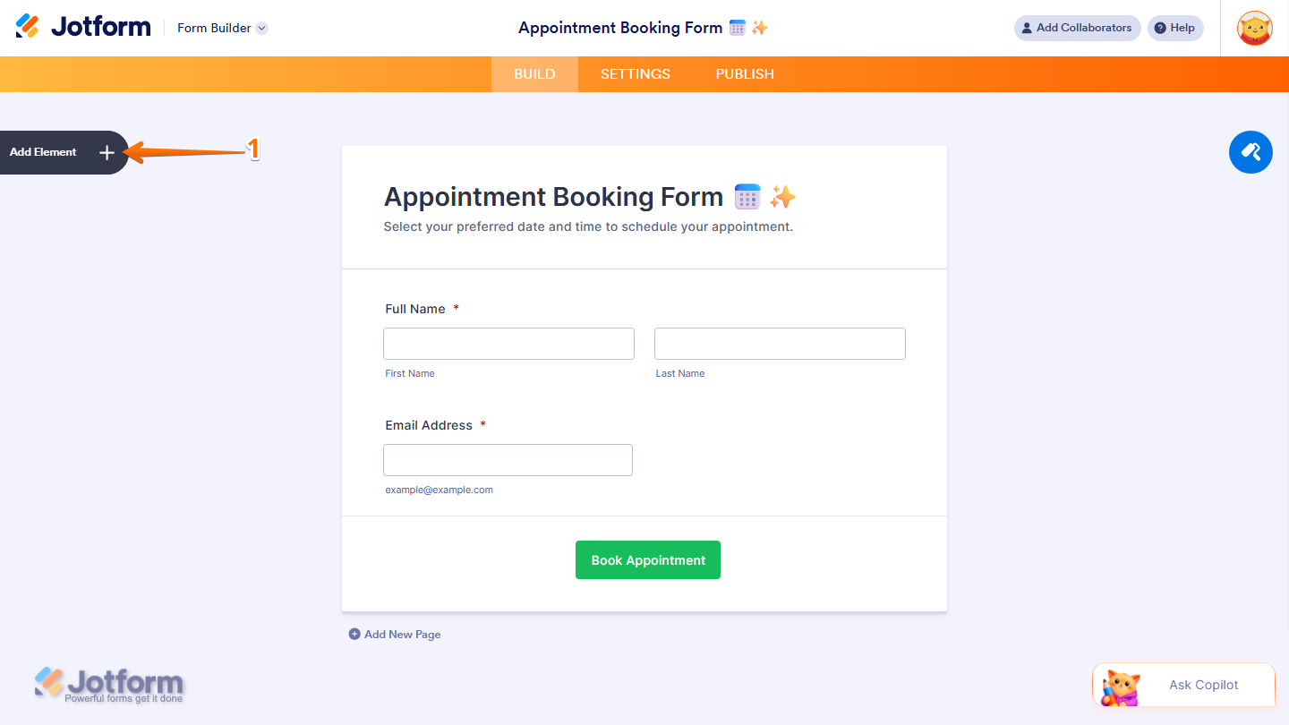 Form Builder showing Add Element button on the left side in Jotform