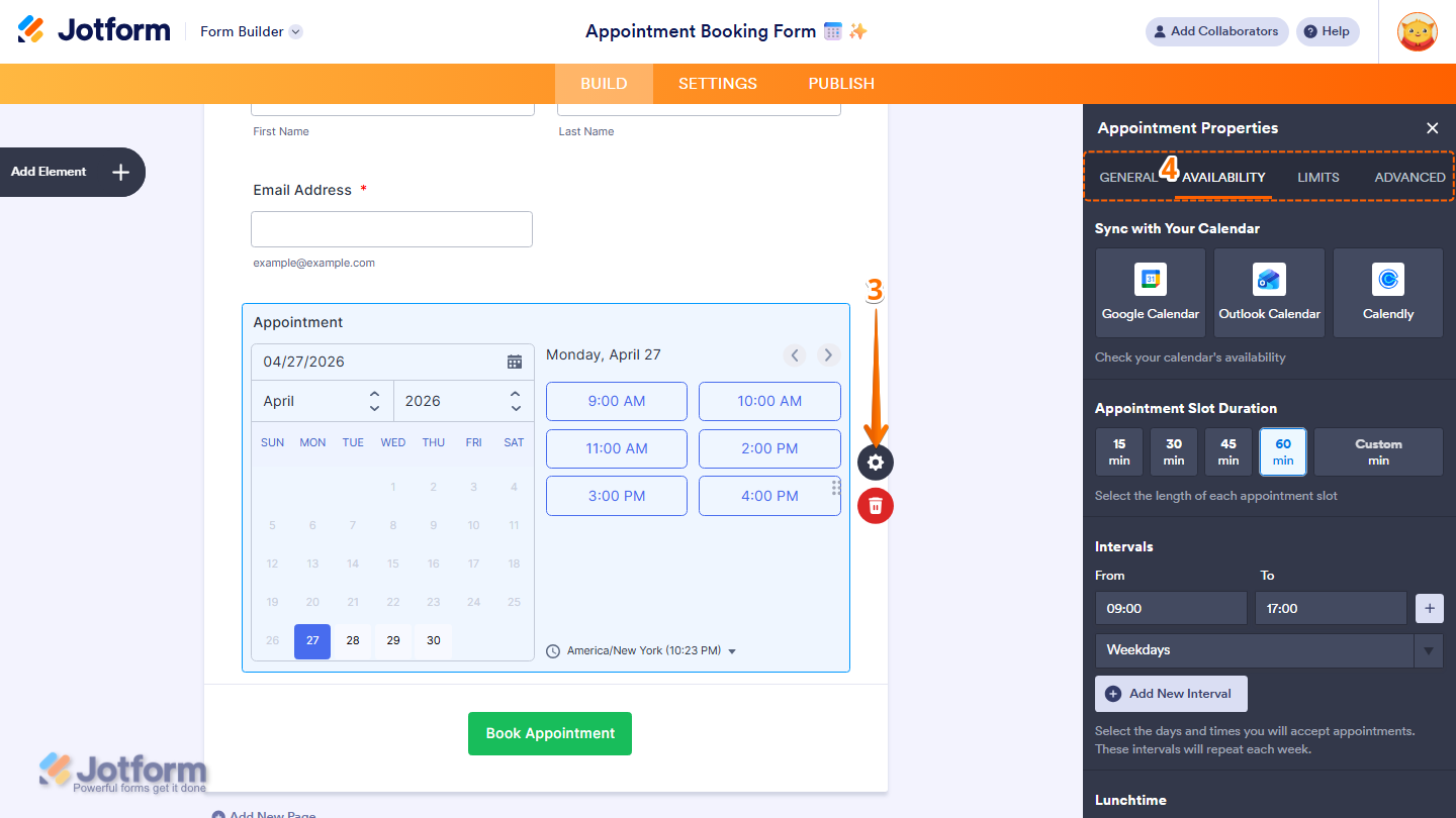 Appointment field Properties panel showing General Availability Limits and Advanced tabs in Jotform