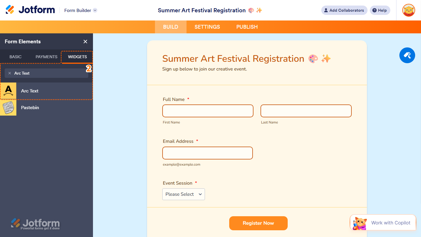 Form Elements Widgets tab showing Arc Text widget search and selection in Jotform