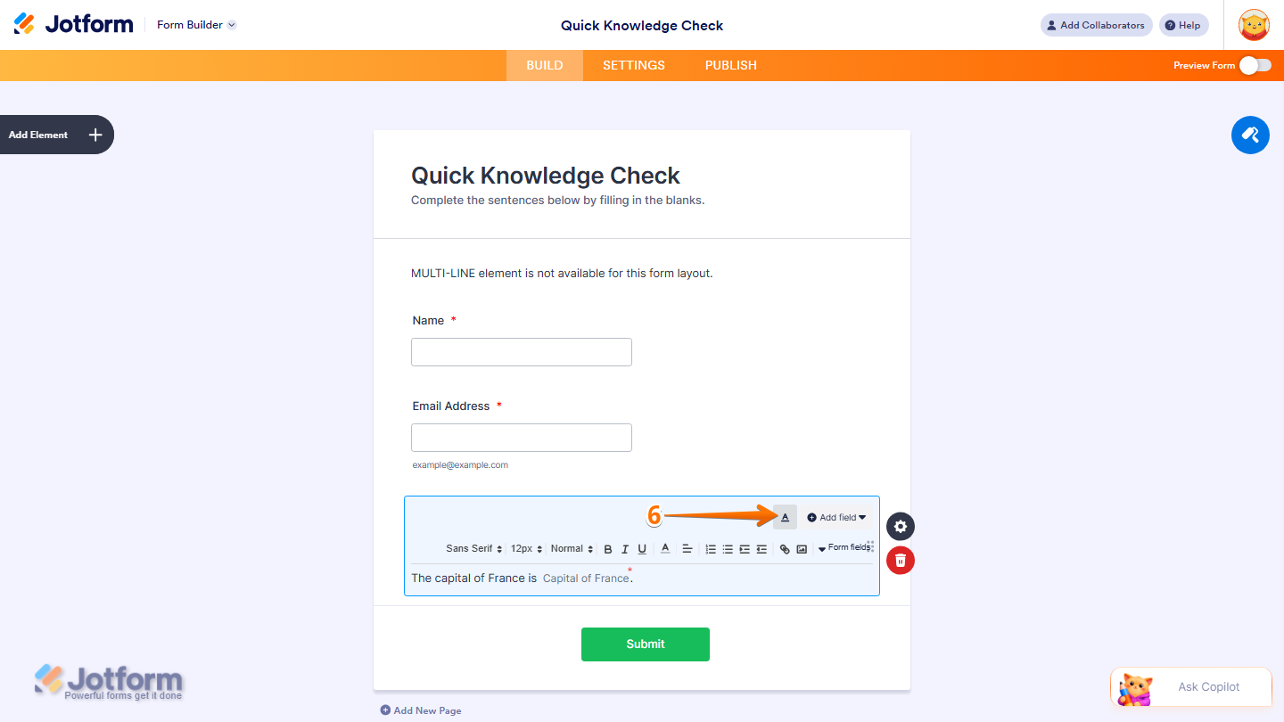 Fill in the Blank element showing Formatting Text toolbar options in Jotform