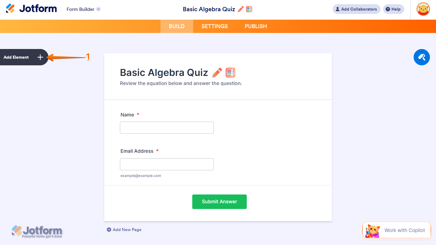 Form Builder showing Add Element button on the left side in Jotform