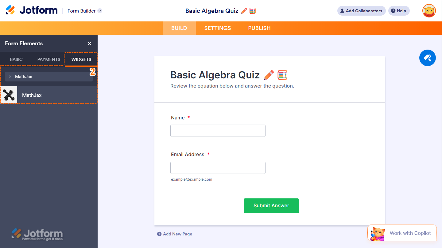 Form Elements Widgets tab showing MathJax widget search and selection in Jotform