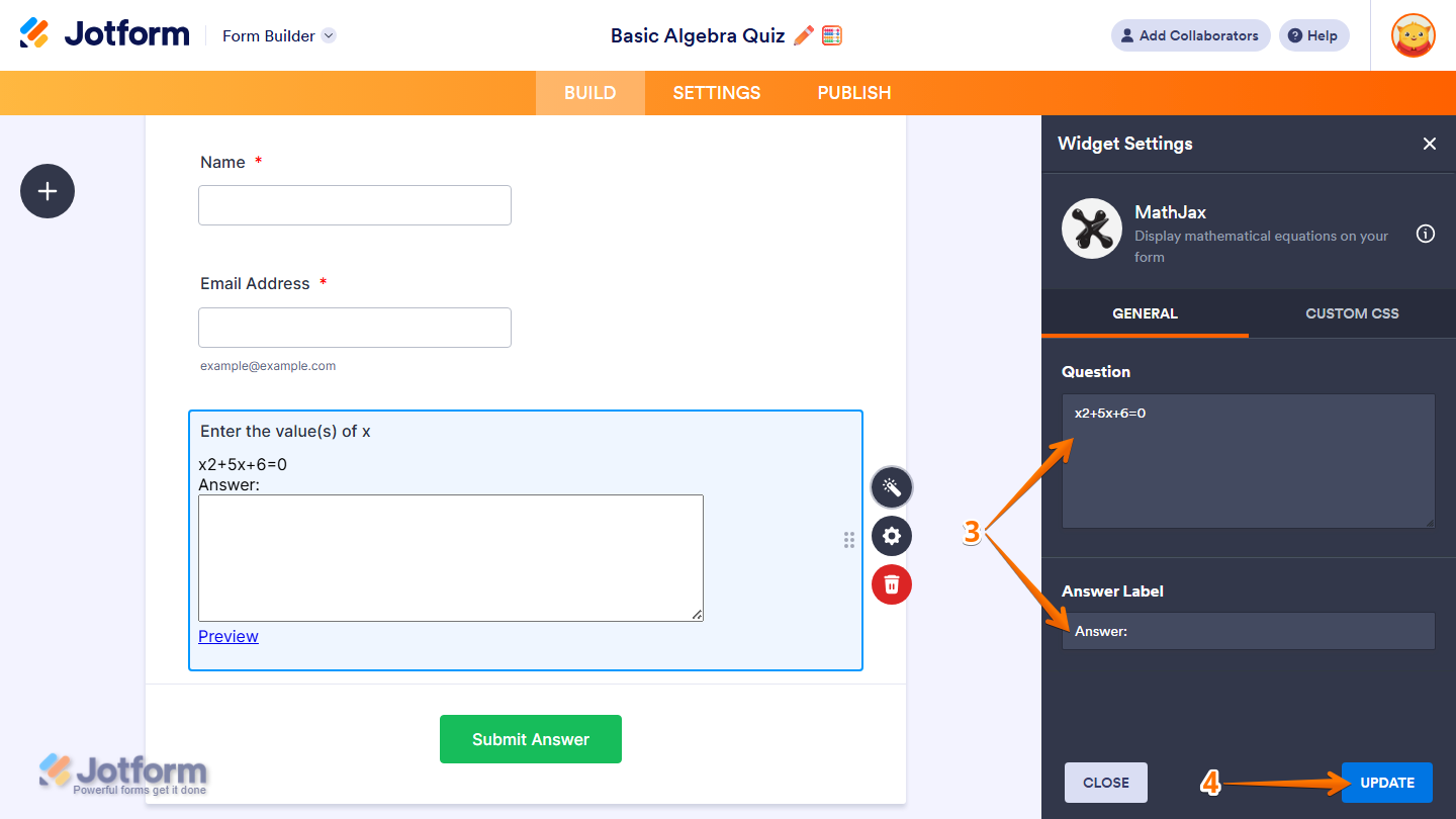 Widget Settings General tab showing Question Field and Answer Label inputs in Jotform