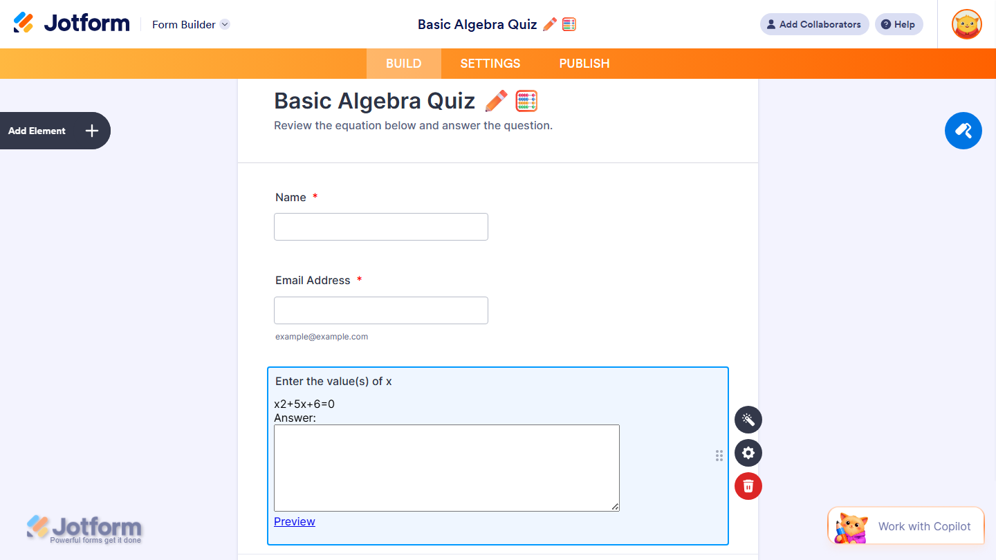 Form Builder showing MathJax widget added to the form in Jotform
