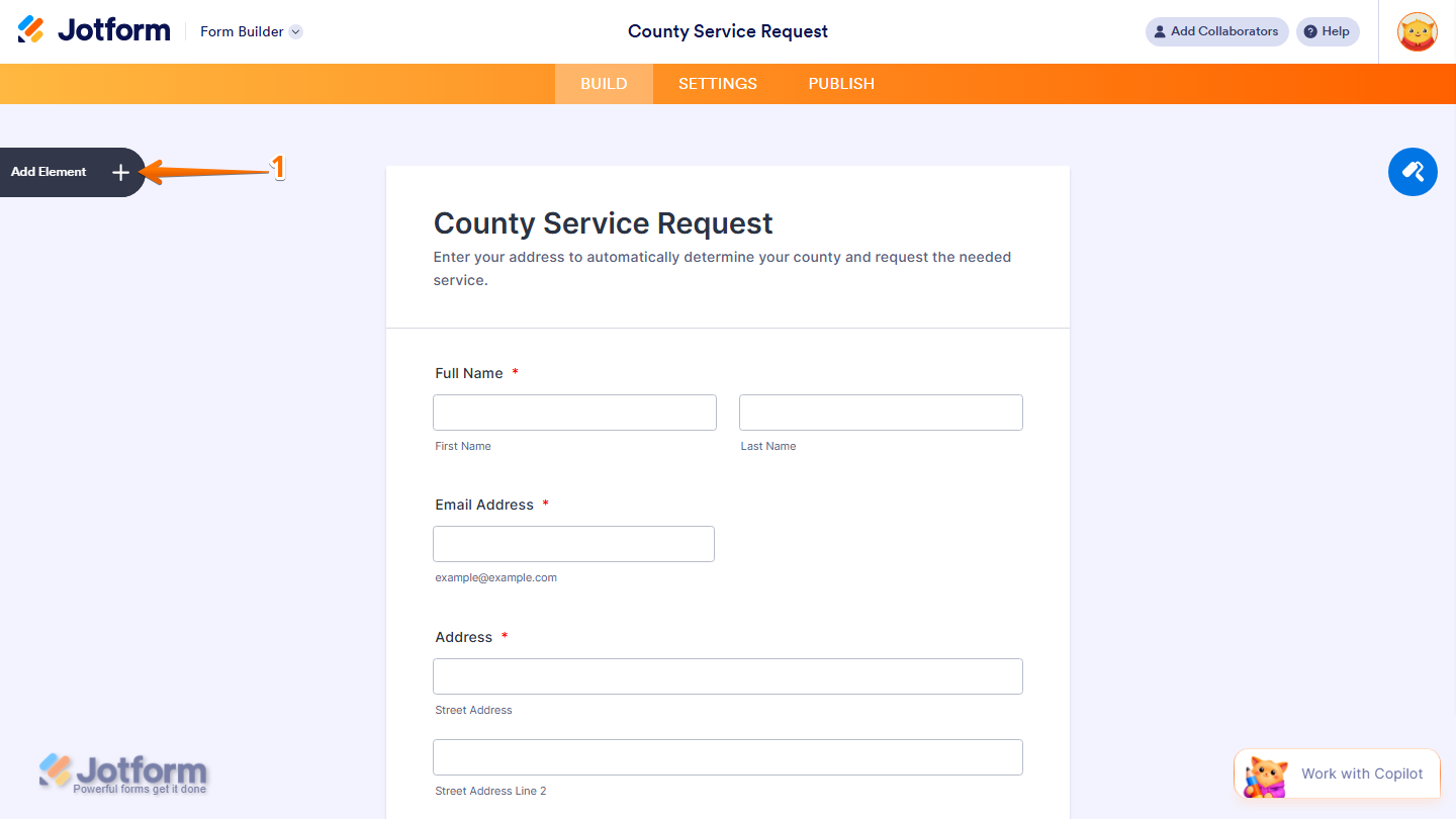 Form Builder showing Add Element button on the left side in Jotform