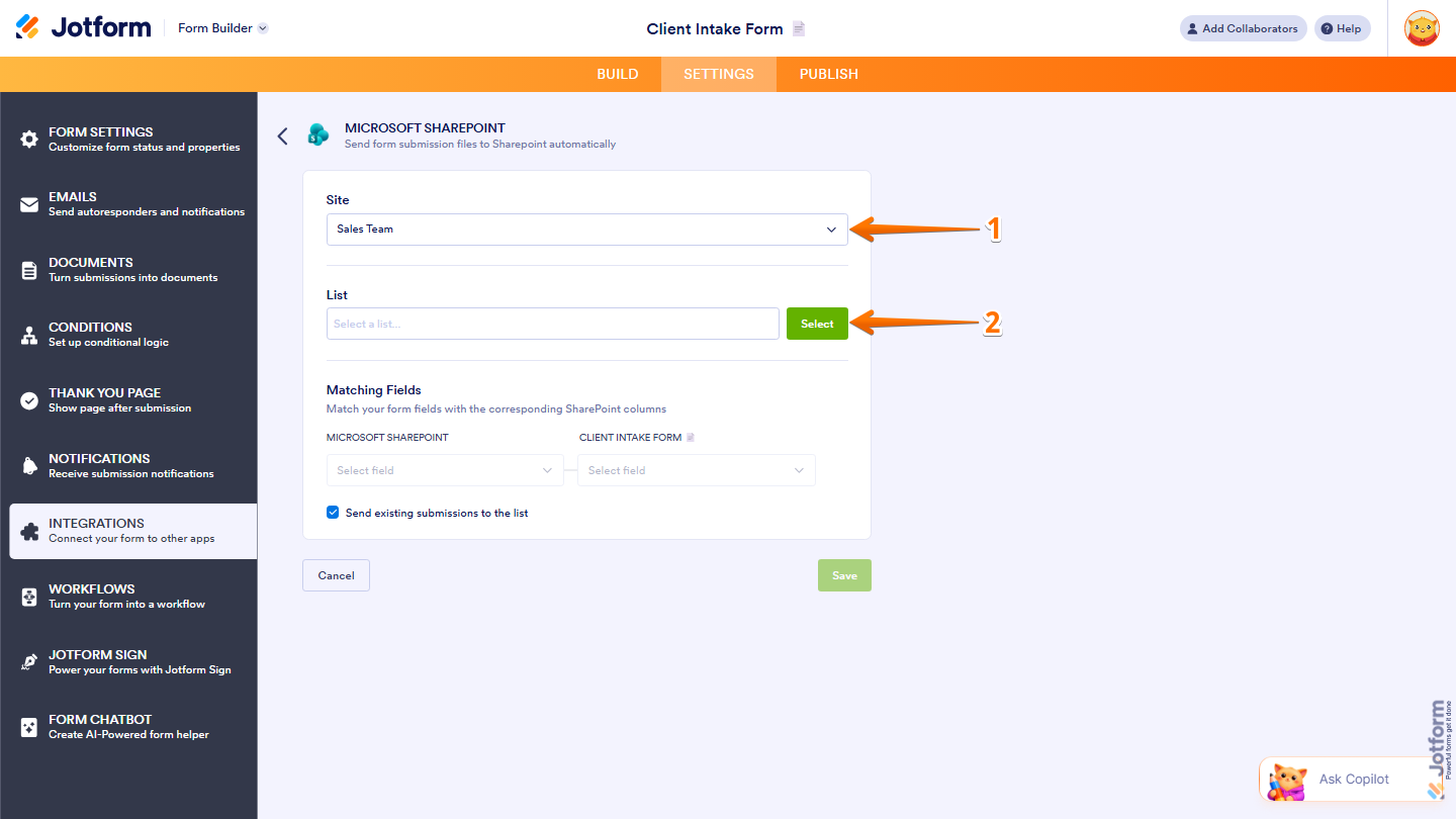 Microsoft SharePoint integration showing Site dropdown and List Select option in Jotform