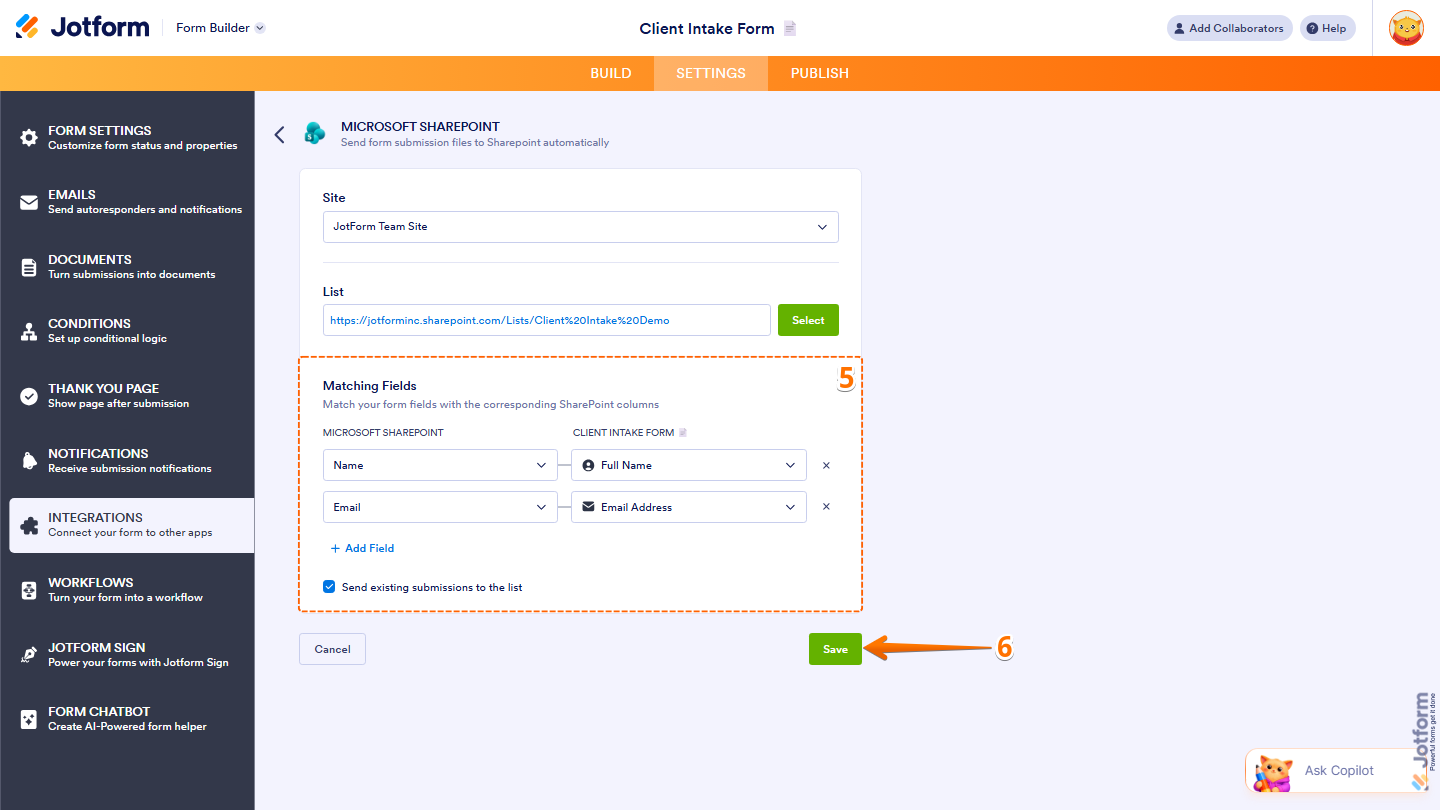 Microsoft SharePoint integration showing Matching Fields mapping and Save button in Jotform