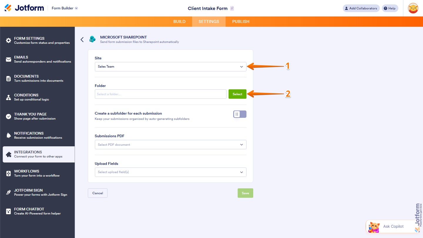 Microsoft SharePoint integration showing Site dropdown and Folder Select option in Jotform