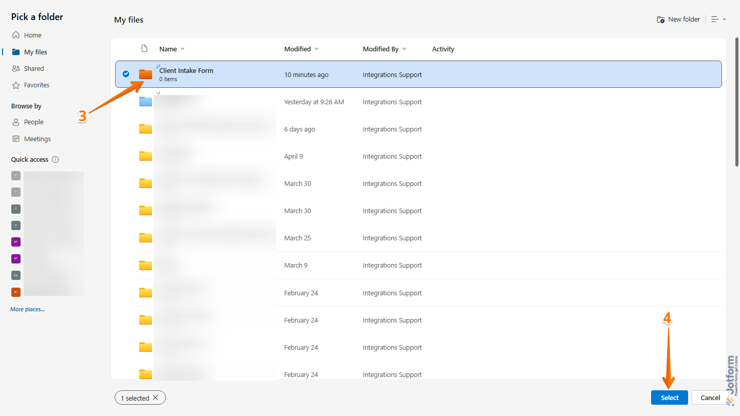 Integration Picker window showing folder selection and Select button in Jotform