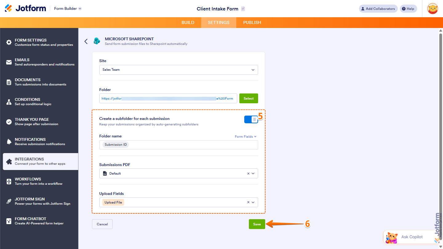 Microsoft SharePoint integration settings showing subfolder options PDF selection upload fields and Save button in Jotform