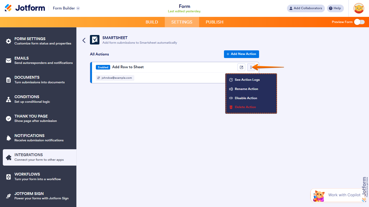 Action options in the All Action section of the Smartsheet integration