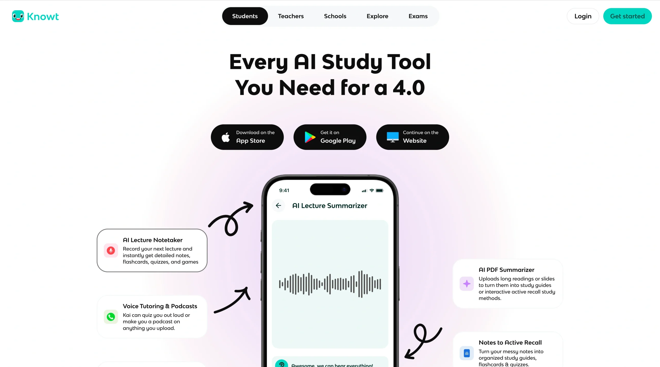 Screenshot of the Knowt landing page, showing a headline "Every AI Study Tool You Need for a 4