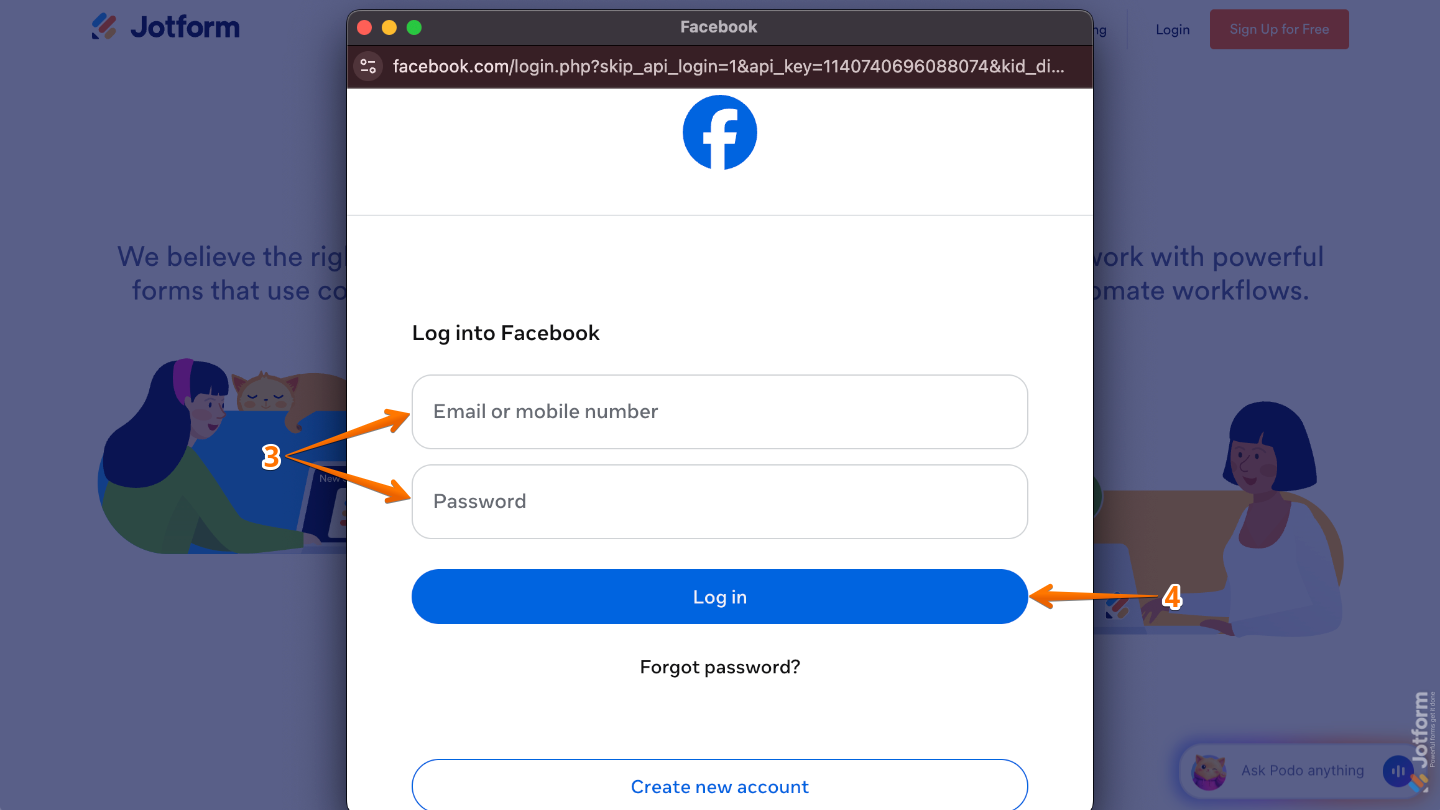 Facebook login window showing fields for email address or mobile number and password with the Log In button