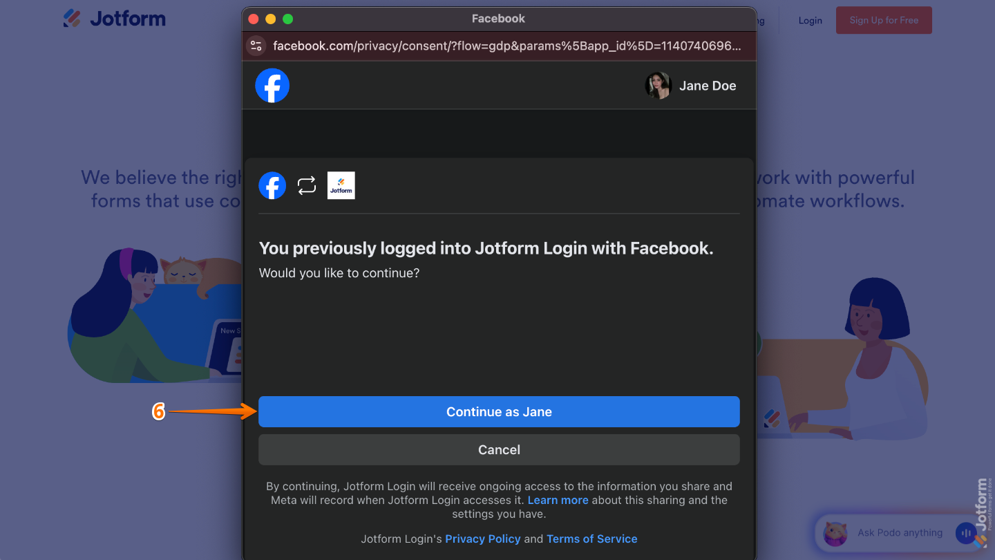 Facebook login confirmation screen showing the Continue As button to proceed with authentication