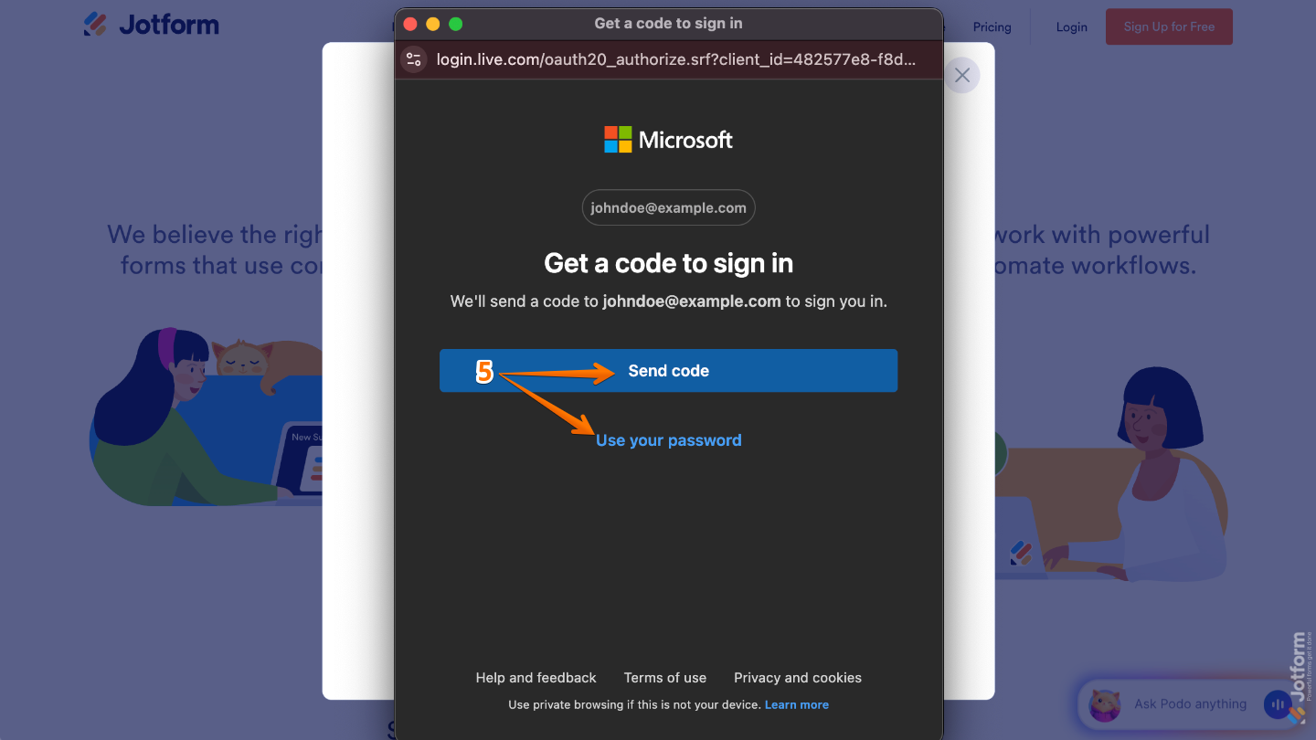 Microsoft sign-in verification screen showing options to Send Code or Use Your Password for authentication