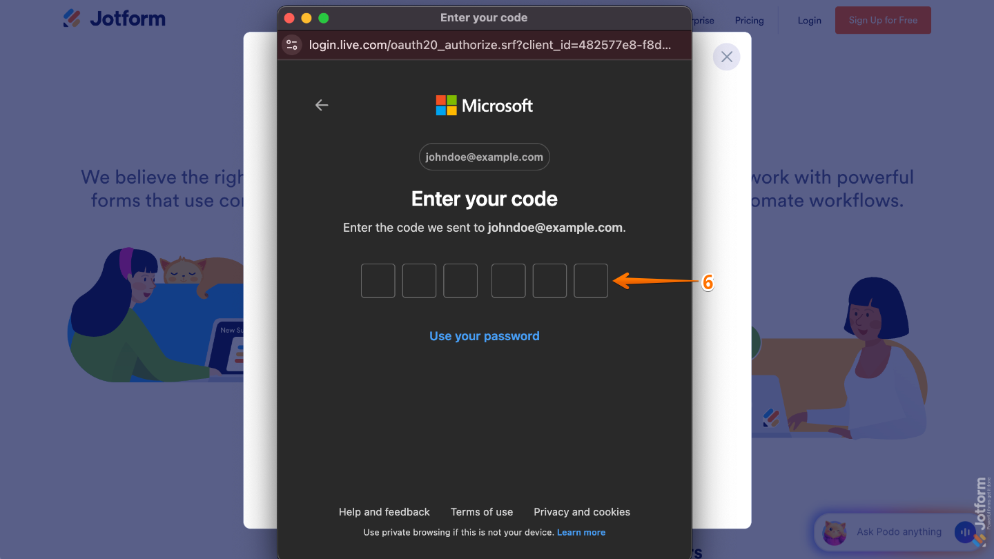 Microsoft verification screen showing a field to enter a six-digit code sent via email, phone, or Skype