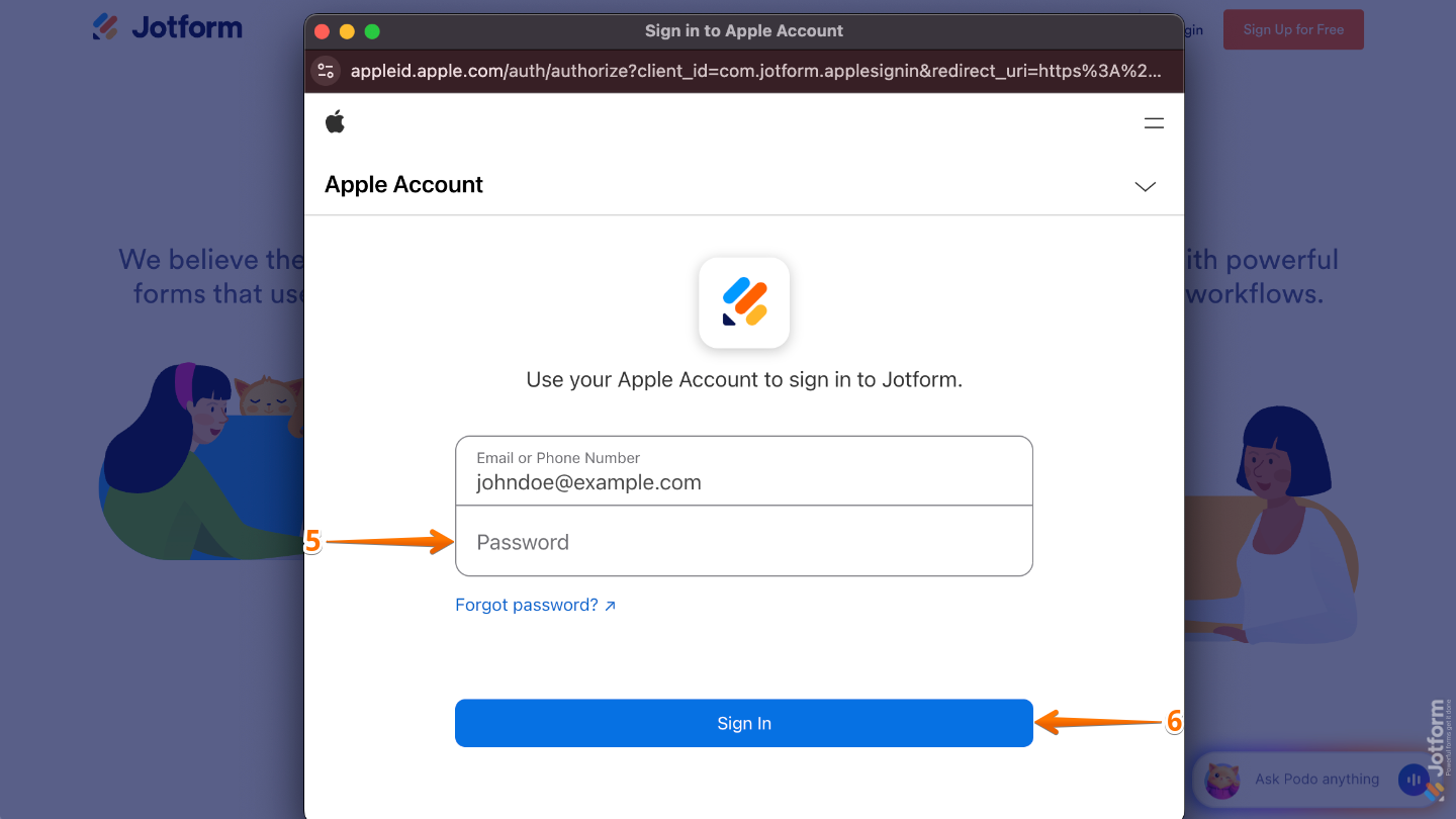 Apple Sign-In window showing the password field and Sign In button for authentication