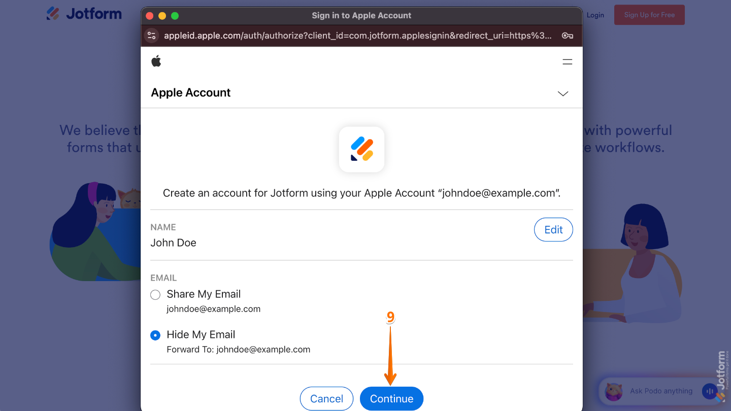 Apple sign-in confirmation screen showing the Continue button to proceed after authentication