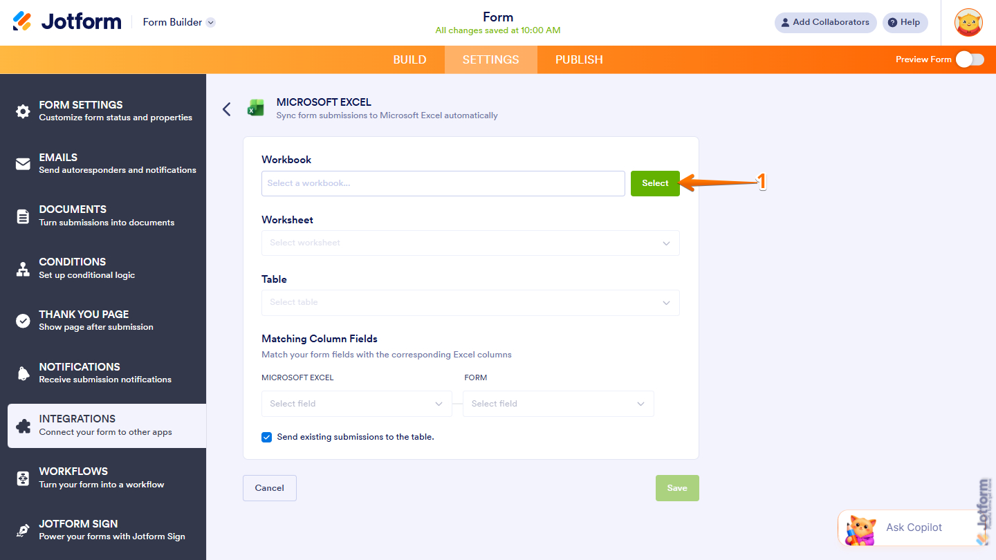 Select button in the Workbook section when setting up the Add Row to Existing Table of the Microsoft Excel integration