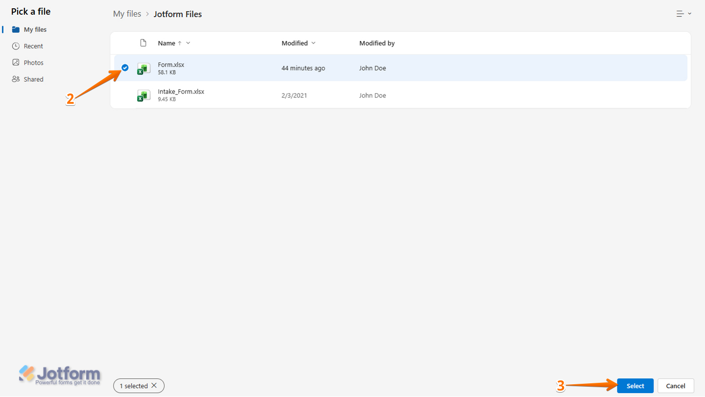 Pick a file window when setting up the Add Row to Existing Table of the Microsoft Excel integration