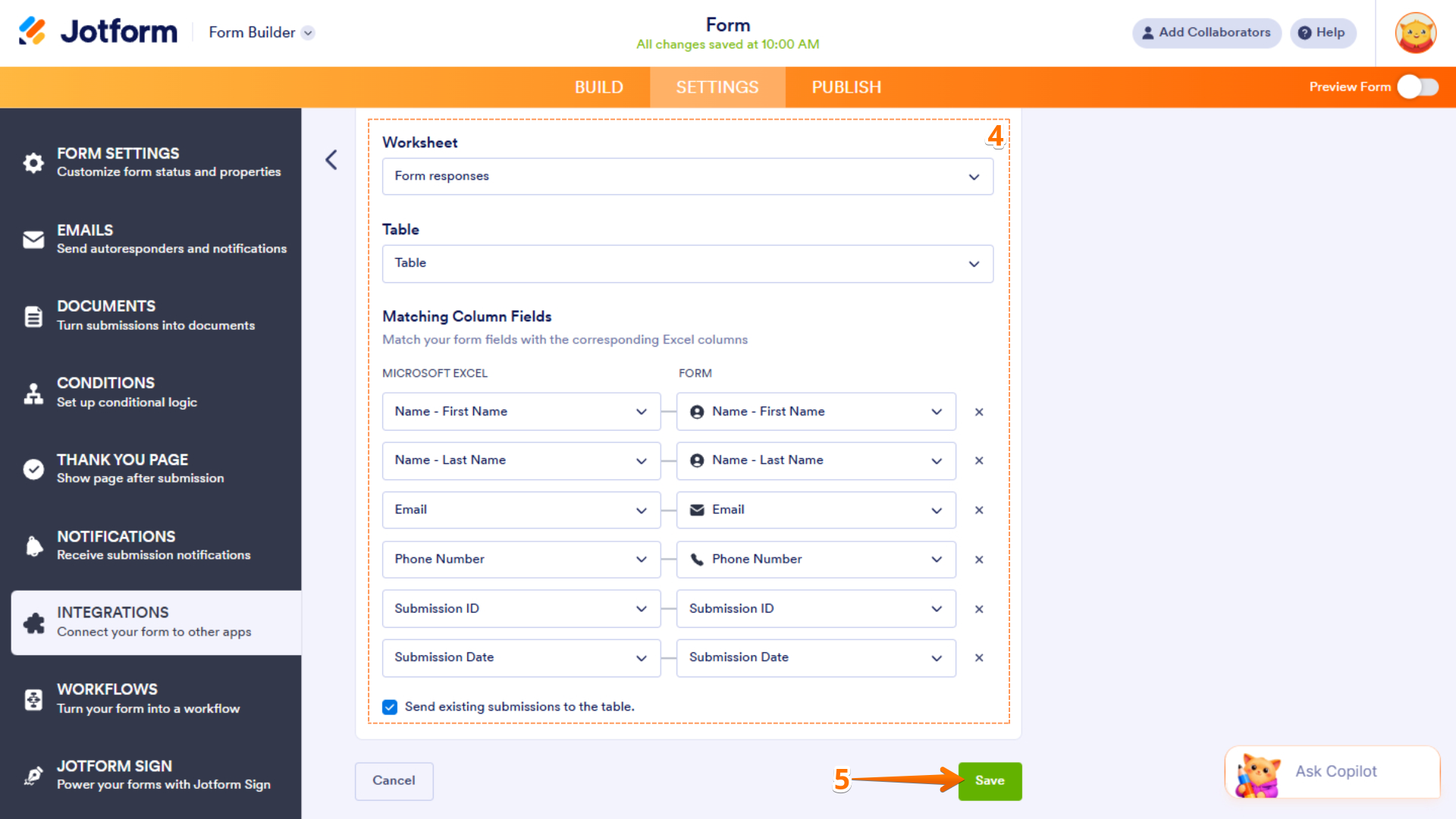 Worksheet and table options when setting up the Add Row to Existing Table of the Microsoft Excel integration