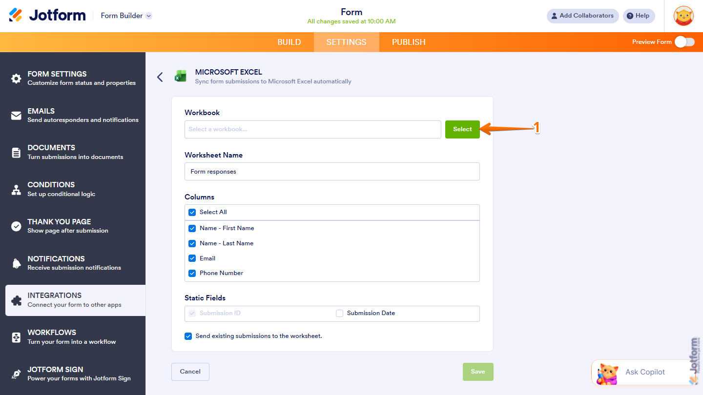 Select button in the Workbook section when setting up the Add Row to Existing Workbook in Microsoft Excel integration
