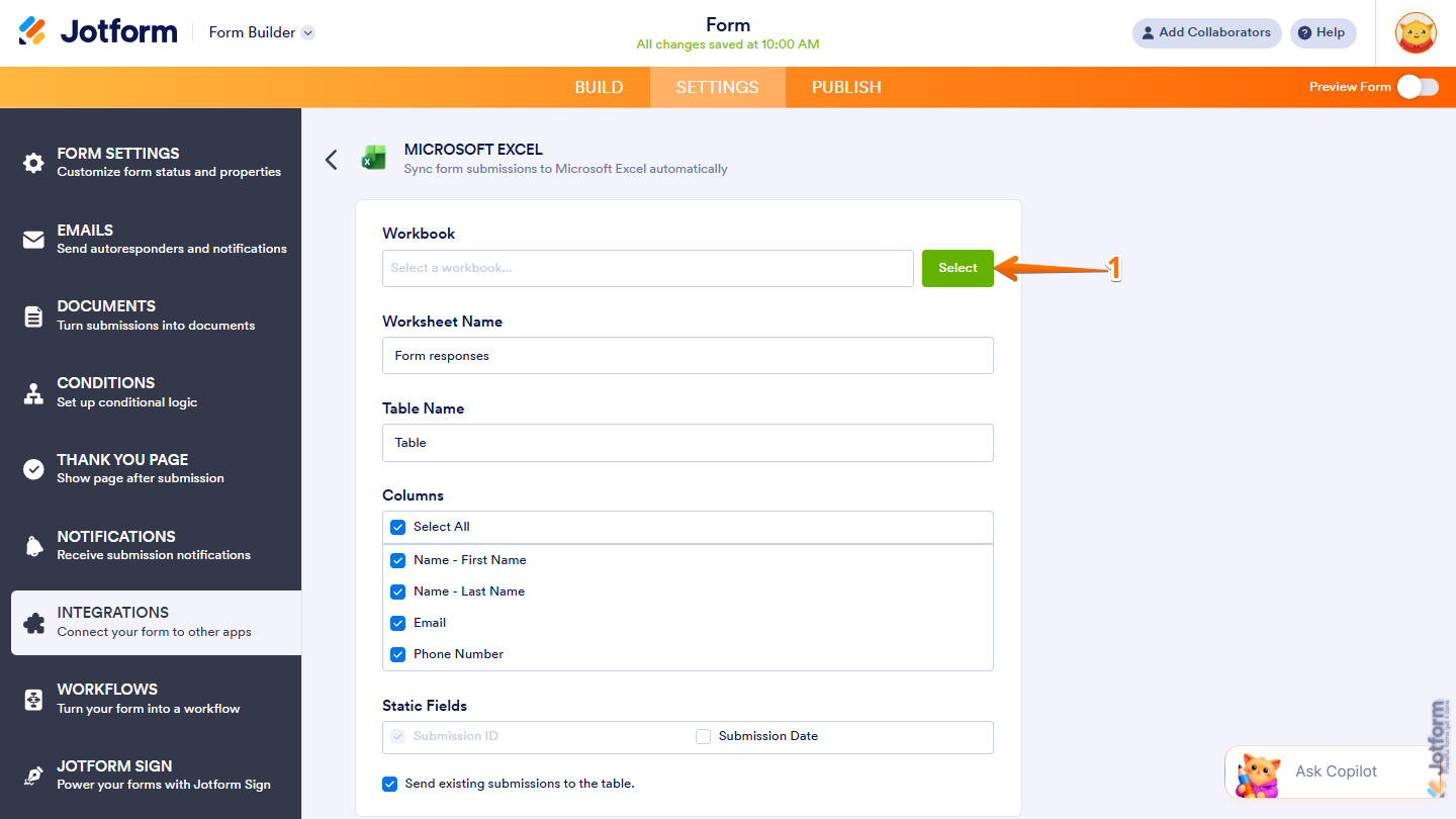 Select button in the Workbook section when setting up the Add Row to New Table of the Microsoft Excel integration
