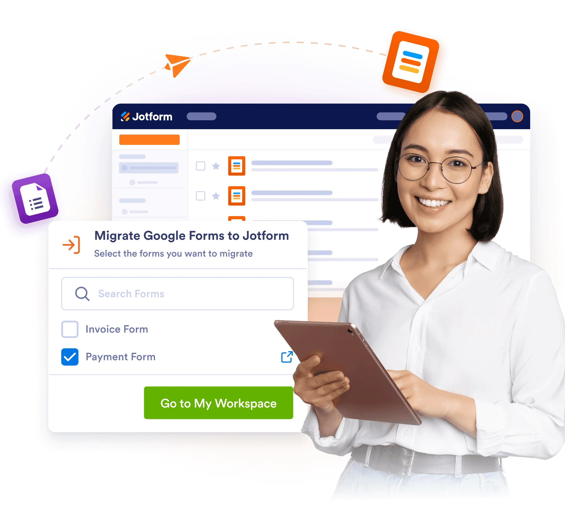 Screenshot of the Jotform Google Forms migration tool with selected forms and a person holding a tablet