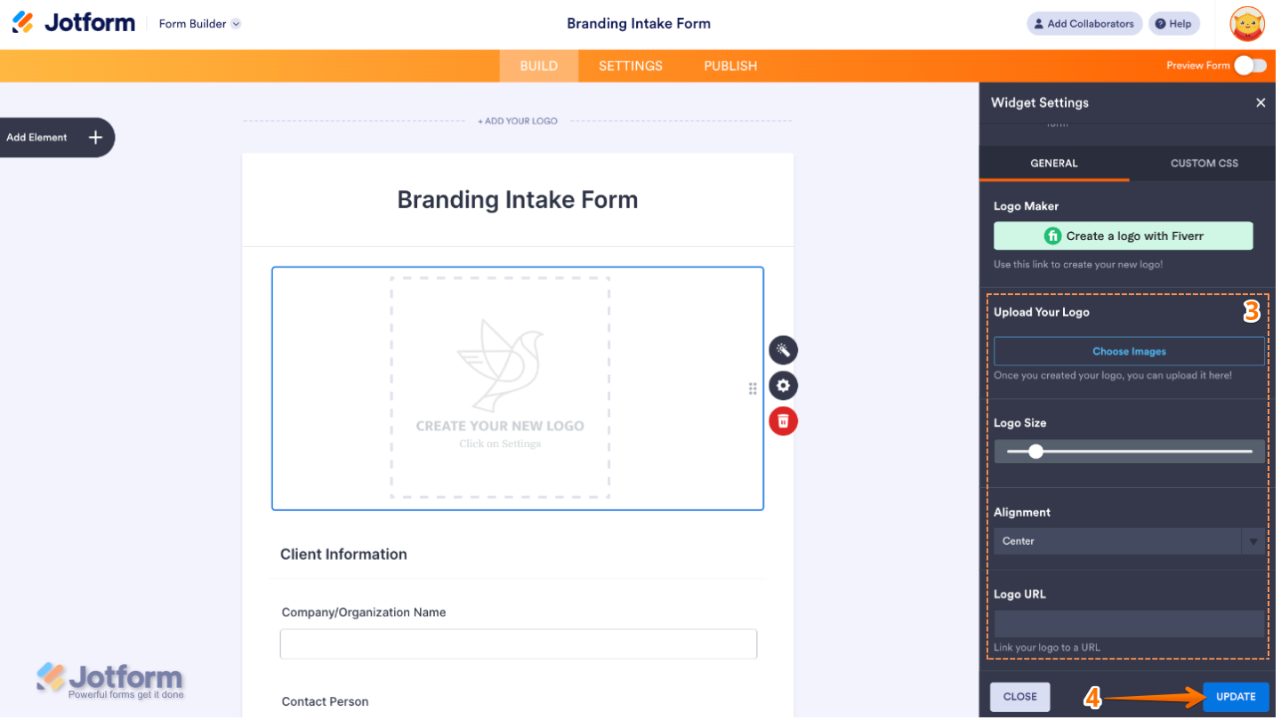 Fiverr Logo Maker widget settings panel showing options to upload a logo, adjust size, set alignment, and add a clickable logo URL
