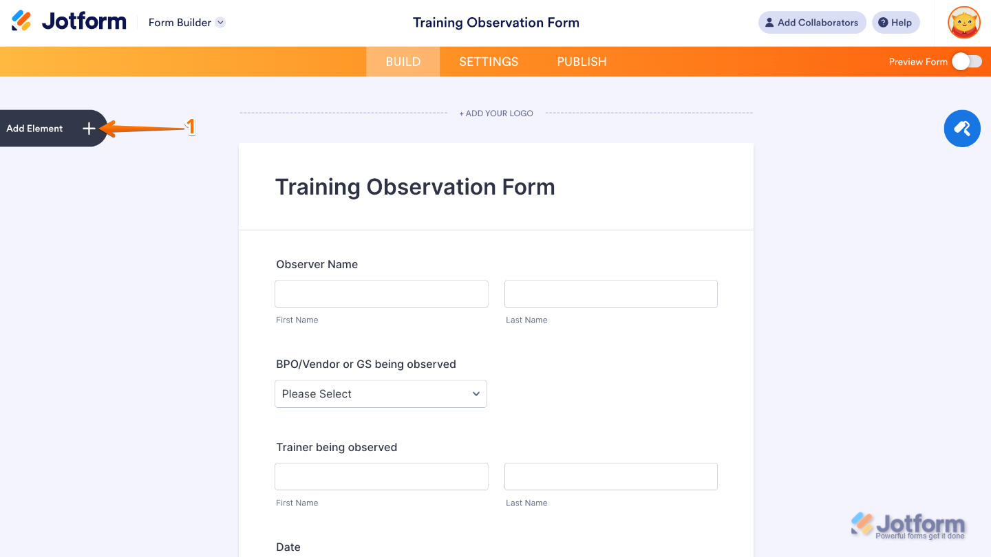 Form Builder interface highlighting the Add Element button on the left panel to add new fields and widgets