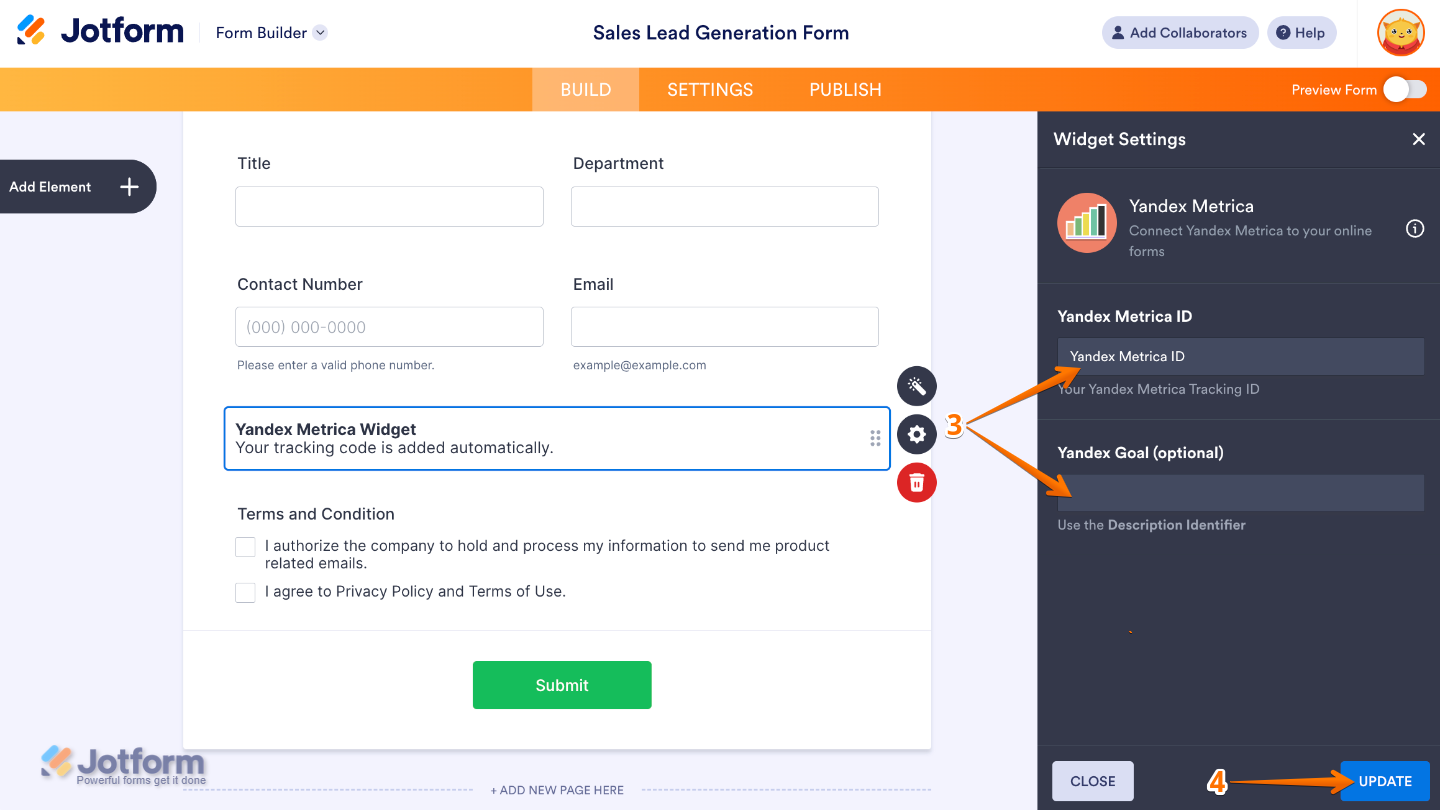 Yandex Metrica widget settings panel showing fields for Yandex Metrica ID and Yandex Goal configuration