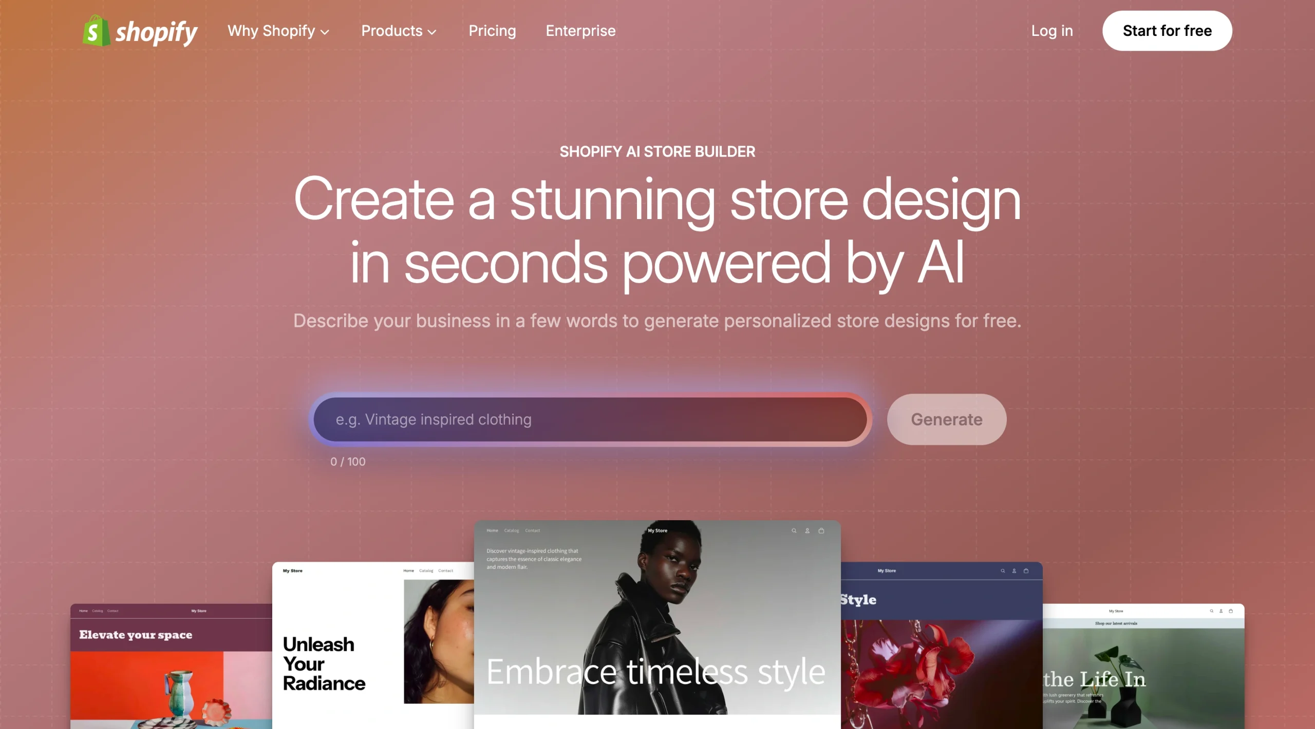 Screenshot of the Shopify AI Store Builder landing page, showing a headline "Create a stunning store design in seconds powered by AI"
