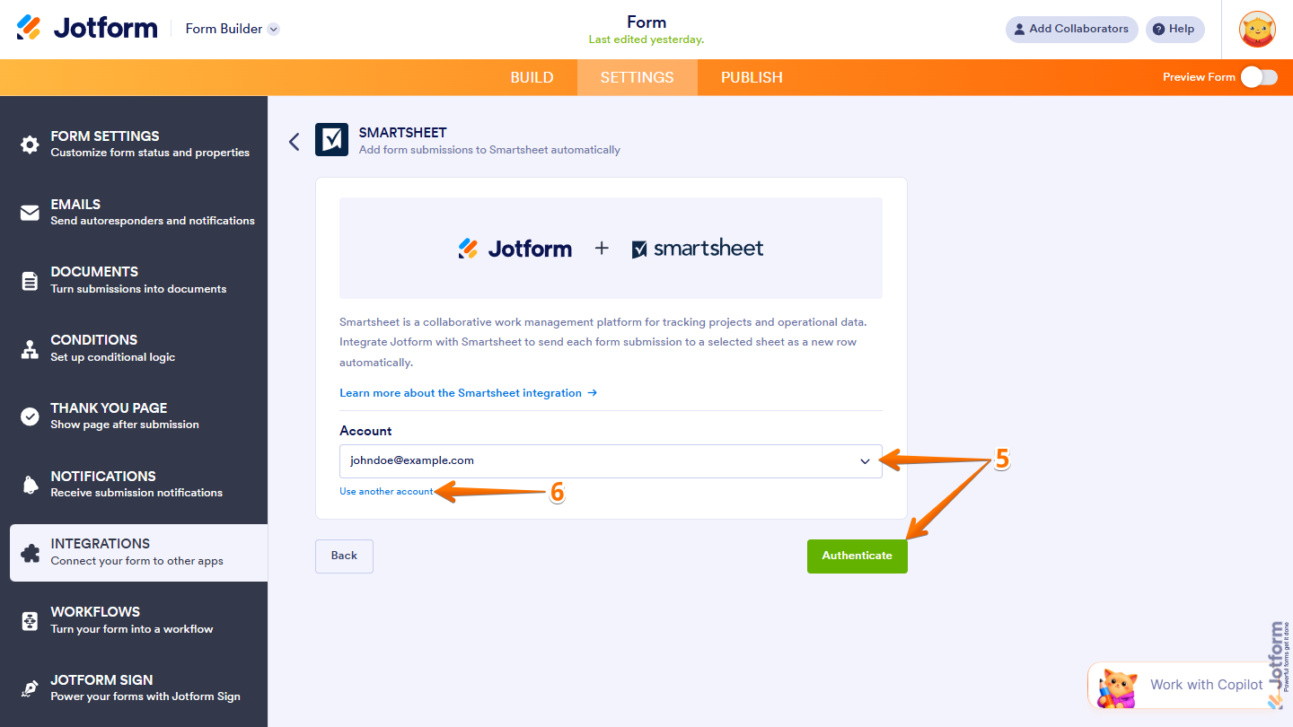 Account dropdown menu in the Smartsheet integration menu