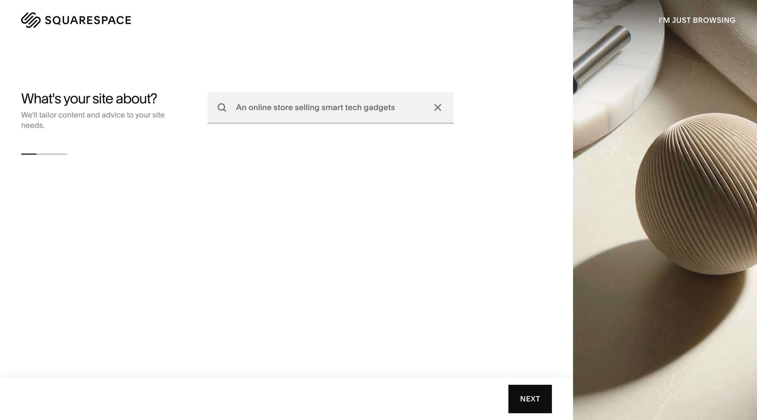 Screenshot of Squarespace onboarding screen asking “What’s your site about?” with a text input field filled with an example store description