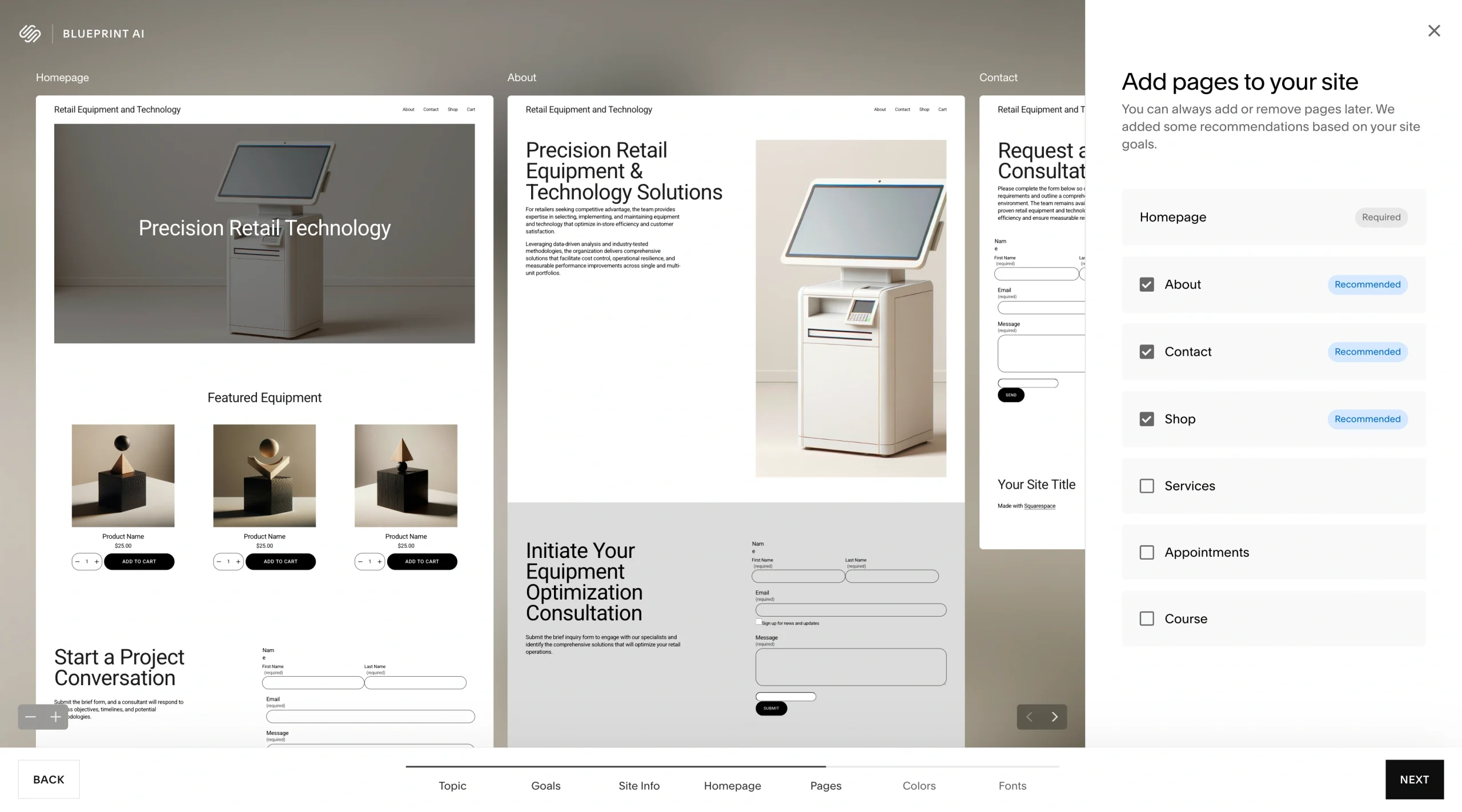 Screenshot of Squarespace setup screen for adding pages to a site, with options like Homepage, About, Contact, and Shop selected