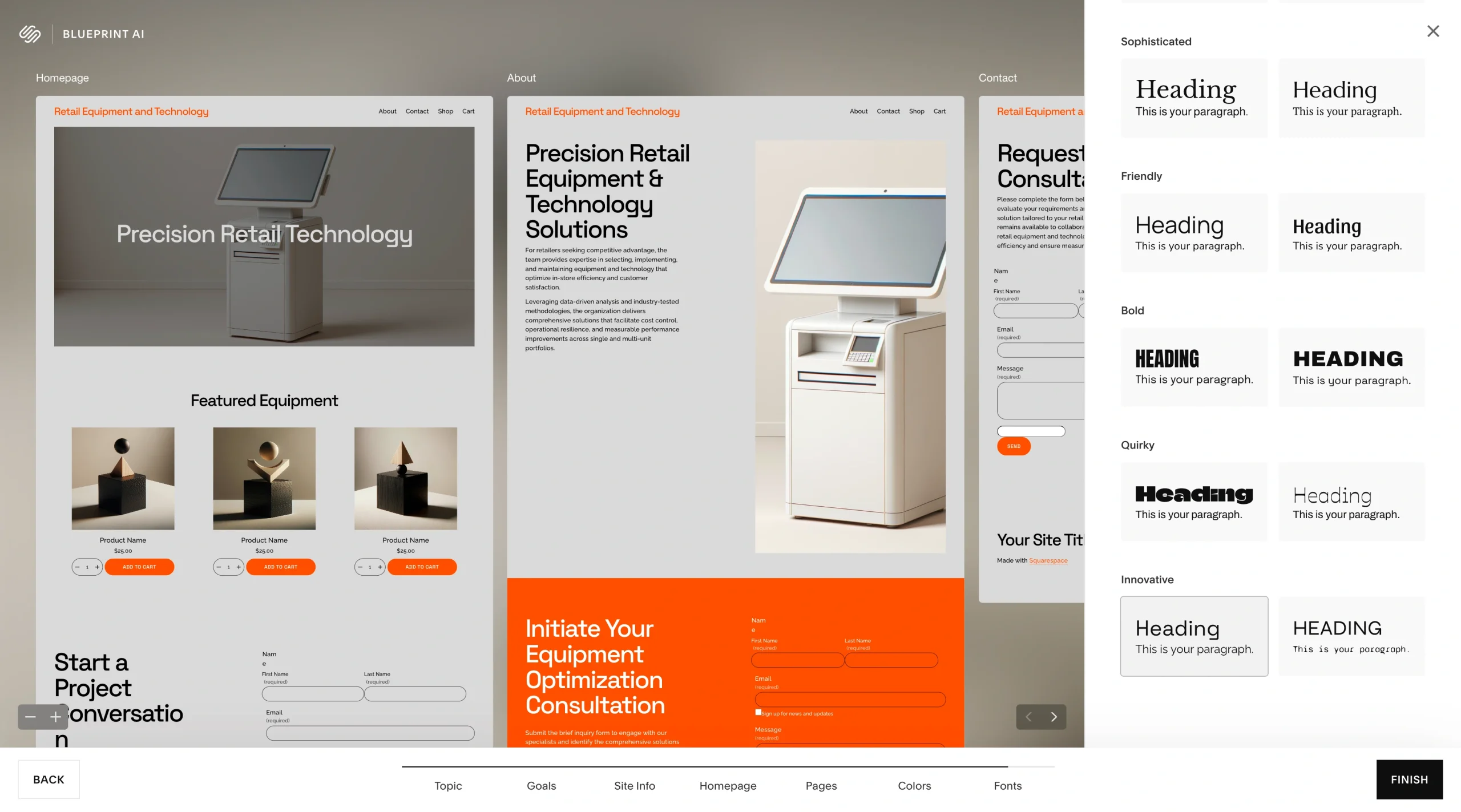 Screenshot of Squarespace design step for choosing a font pairing, with multiple typography styles categorized as Professional, Innovative, Playful, and Sophisticated