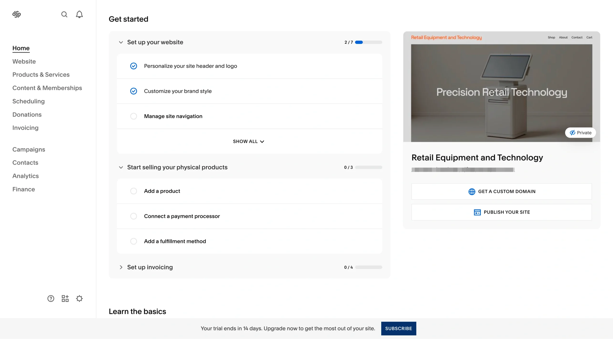 Screenshot of Squarespace dashboard showing the site setup checklist, including tasks like customizing branding, managing navigation, adding products, and connecting a payment processor