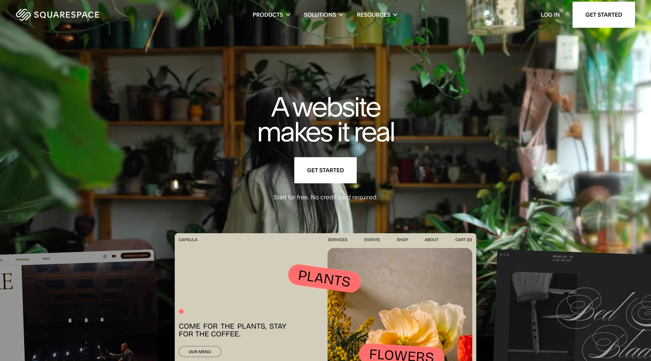 Screenshot of the Squarespace landing page, showing a headline "A website makes it real"