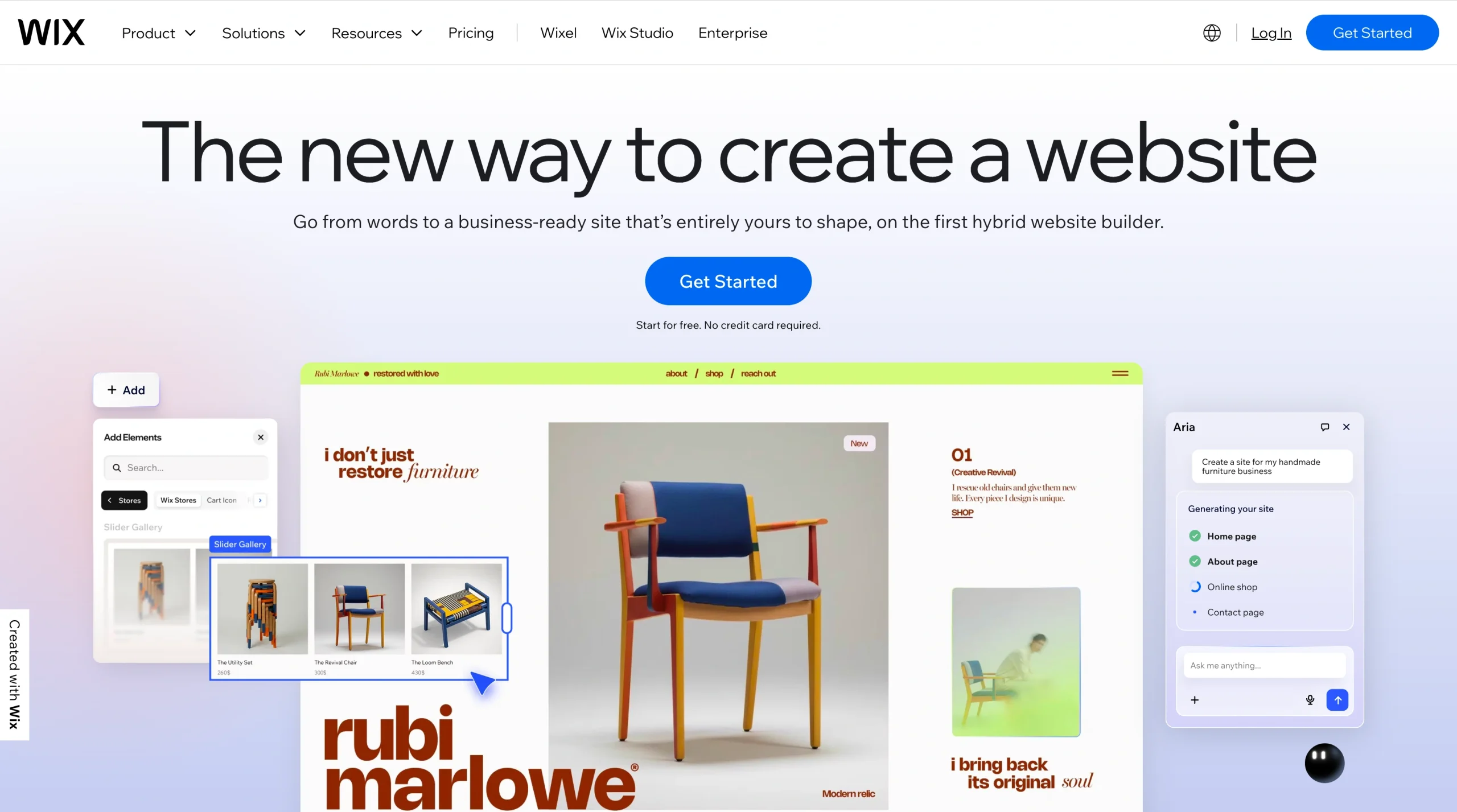 Screenshot of the Wix AI Website Builder landing page, showing a headline "The new way to create a website"