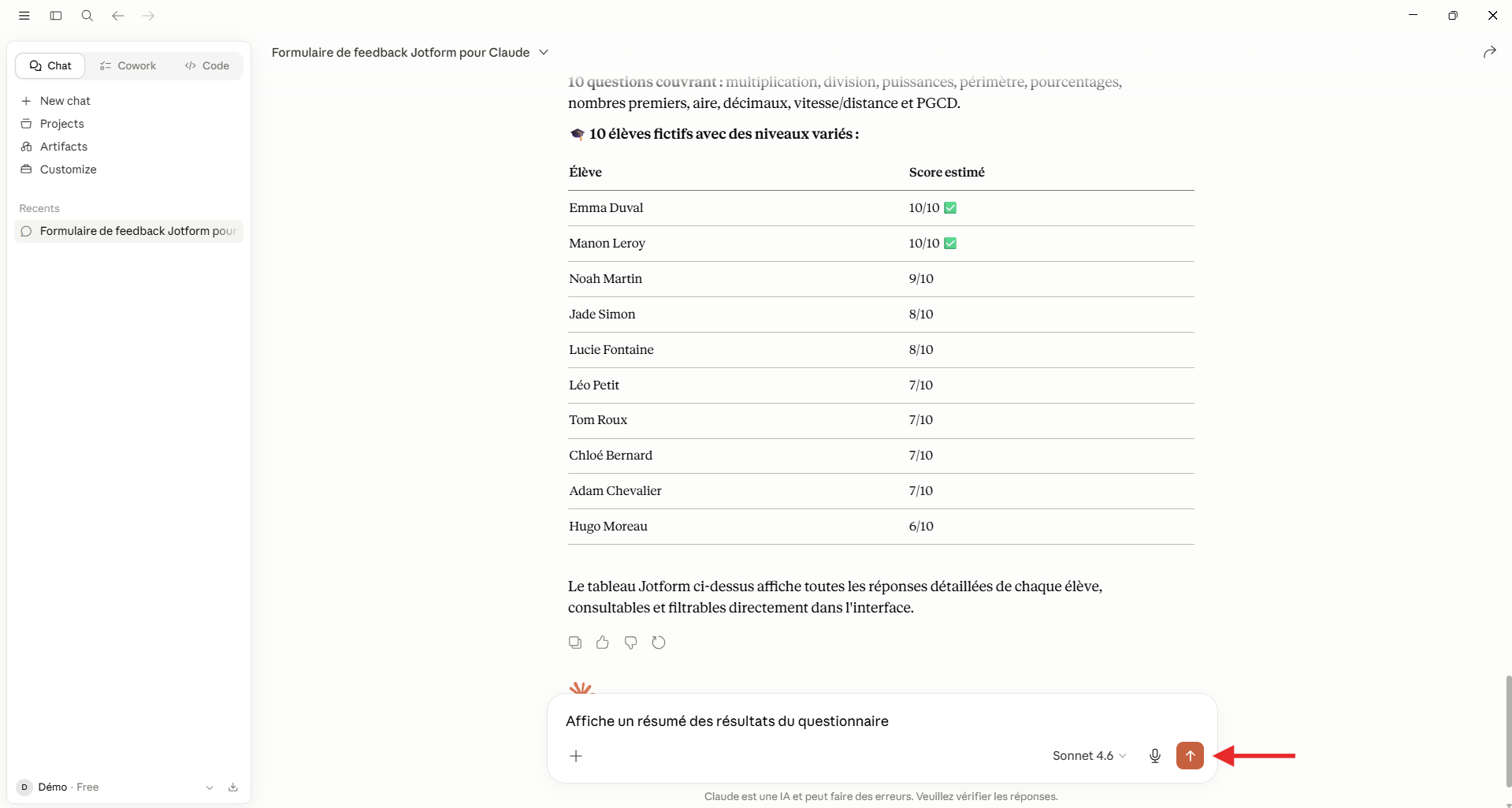 Capture d'écran d'un prompt dans Claude pour analyser les résultats d'un quiz à partir du tableau des soumissions Jotform avec l'application Jotform pour Claude