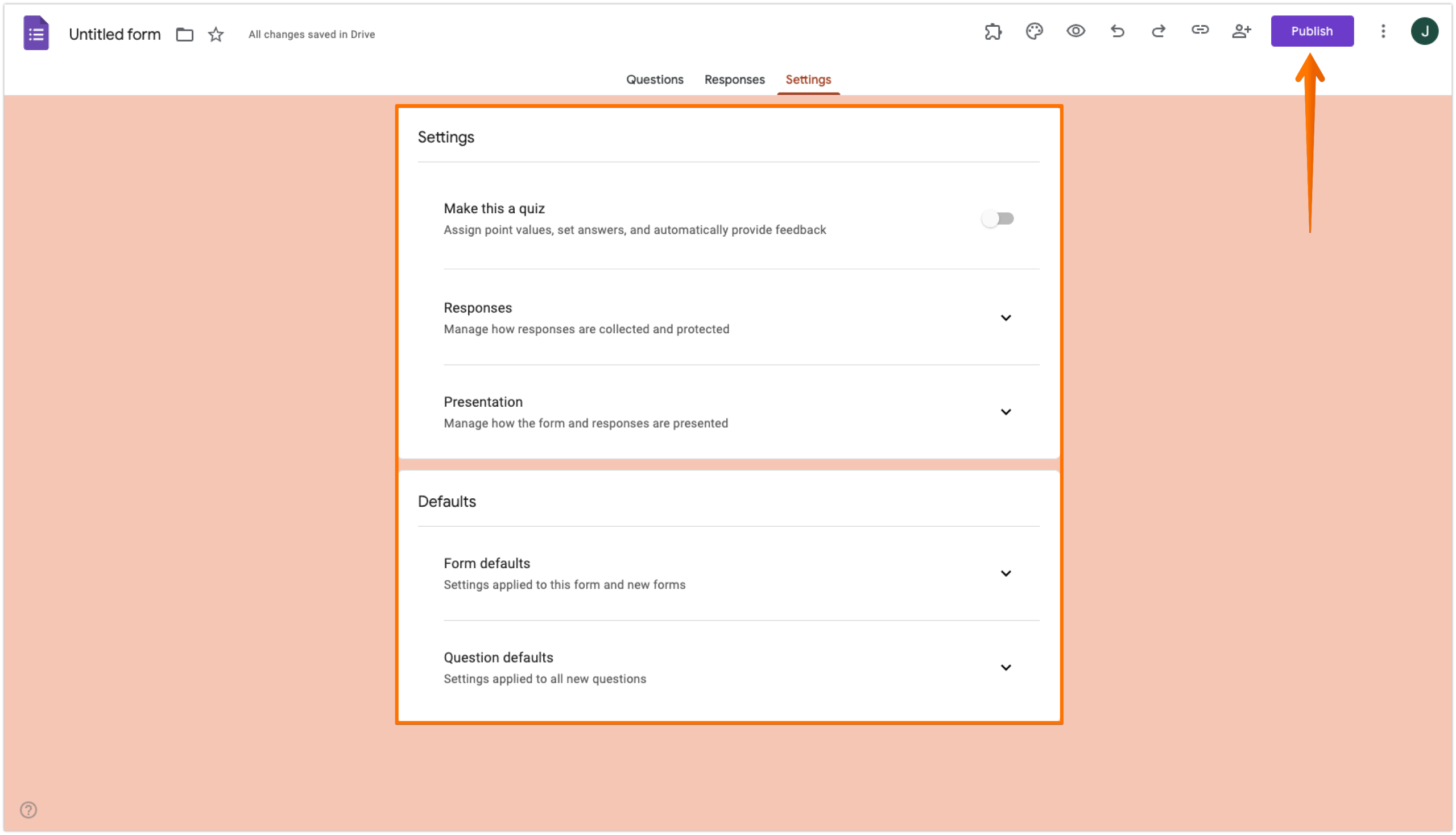 Google Forms Publish Button