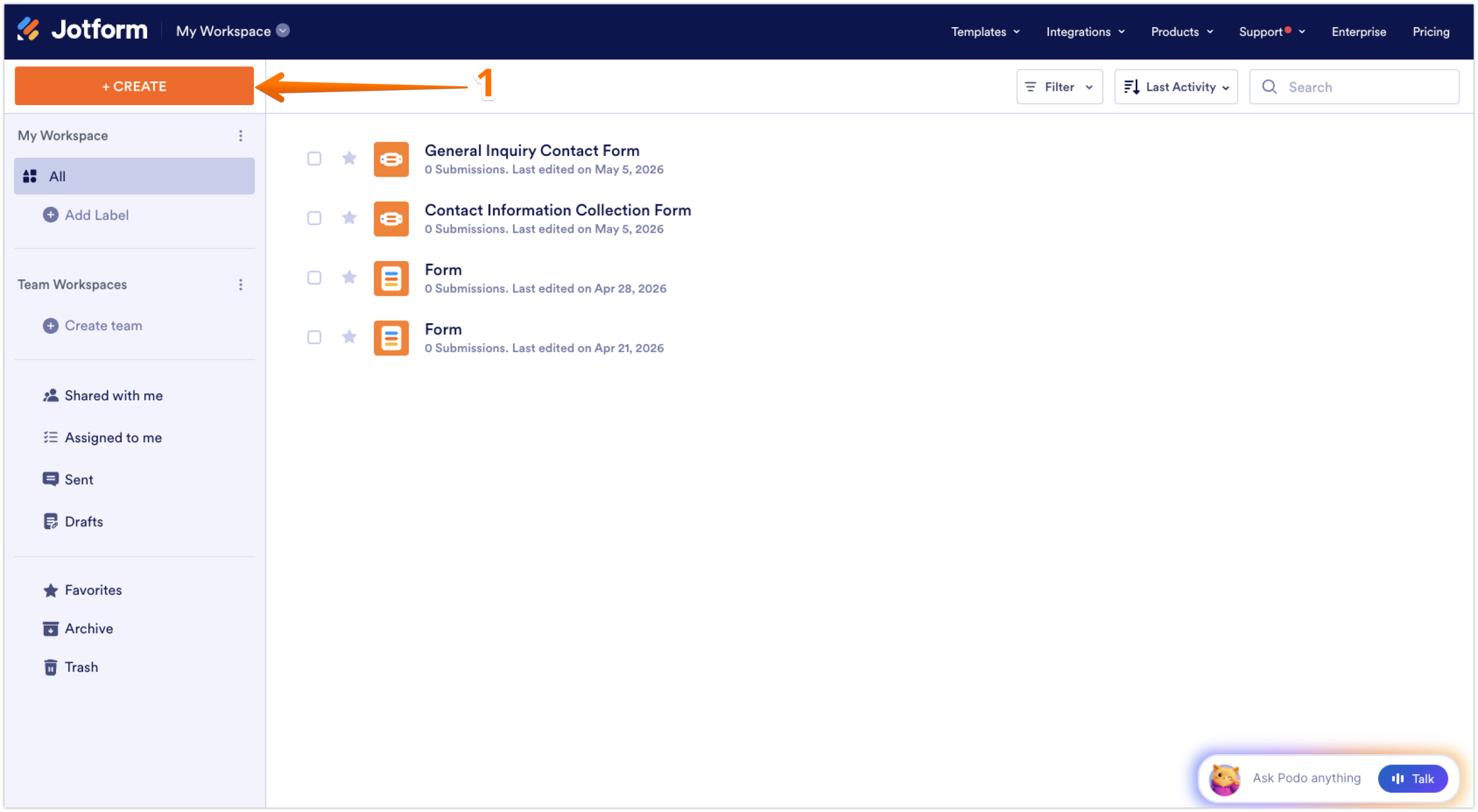 Jotform Workspace dashboard with an arrow pointing to the Create Form button in the top-left corner