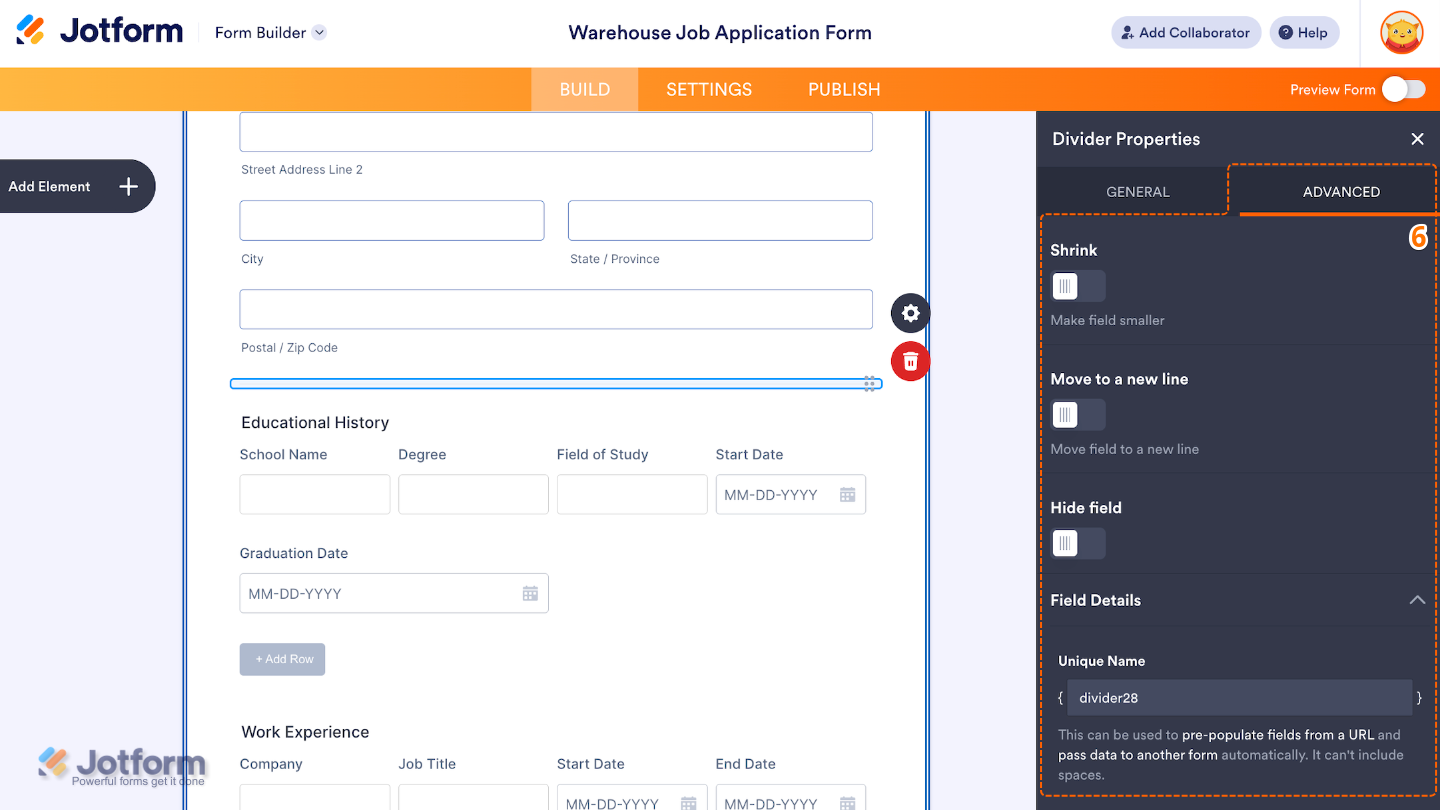 Divider element Advanced tab showing settings for shrink, move to a new line, hide field, and field details