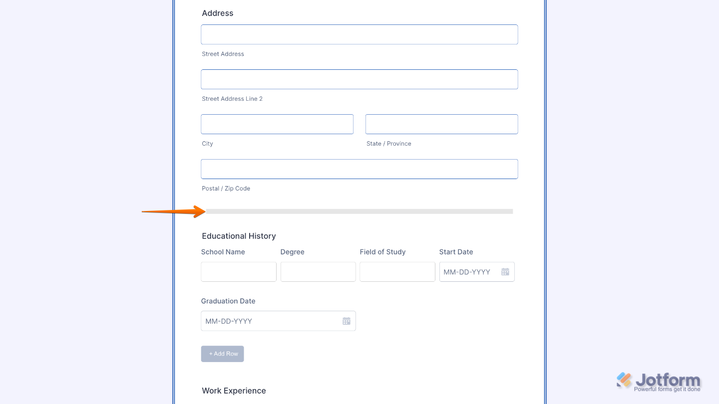 Form displaying a configured Divider element used to separate sections for better form organization